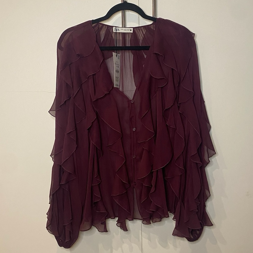 Zara Deep Burgundy Ruffle Blouse